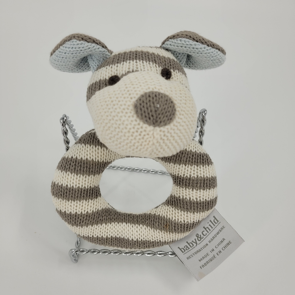 Restoration Hardware Baby Luxe Knit Puppy Dog Rattle Stripe Taupe Blue Off White